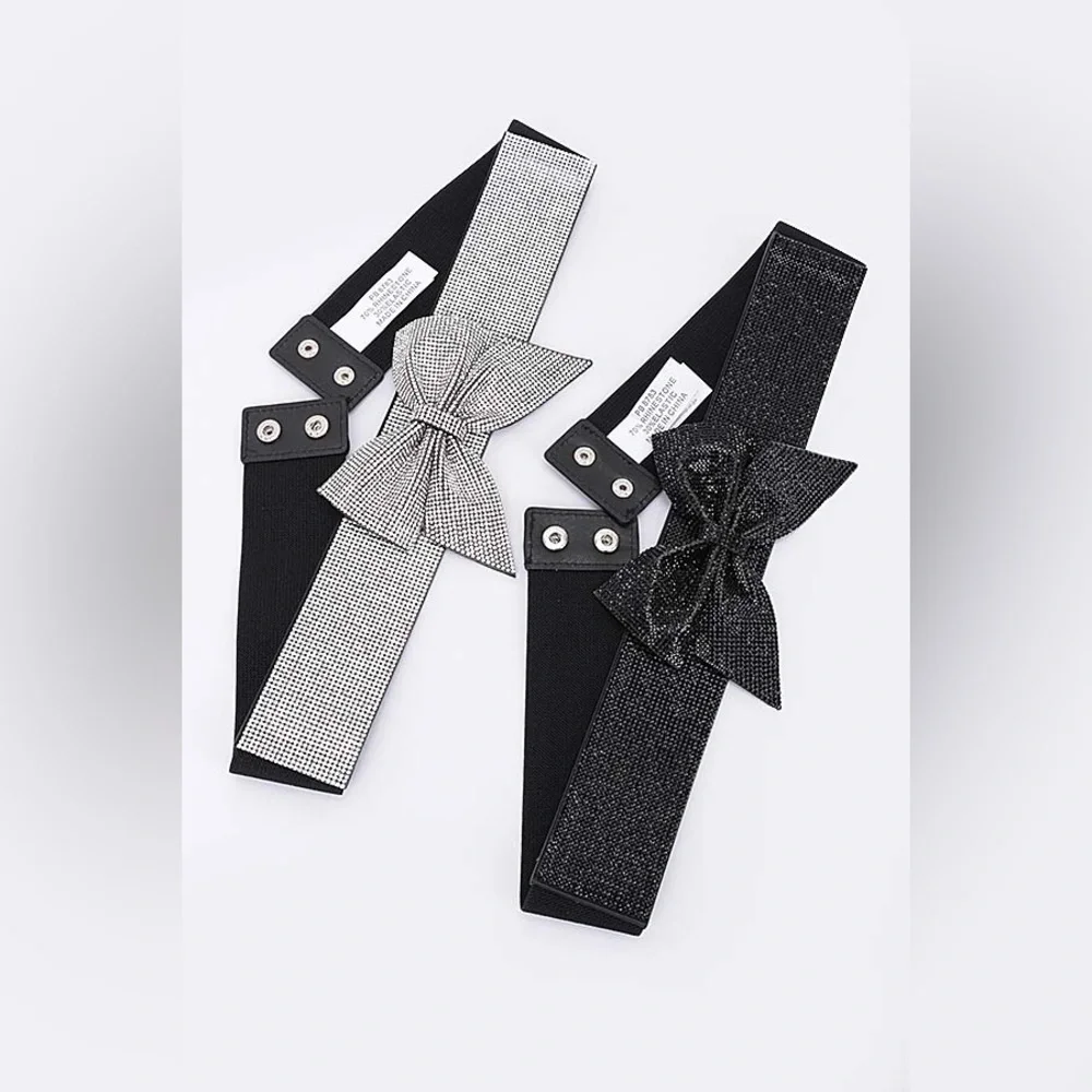Metallic Rhinestone Bow Tie Elastic Corset Statement Belt